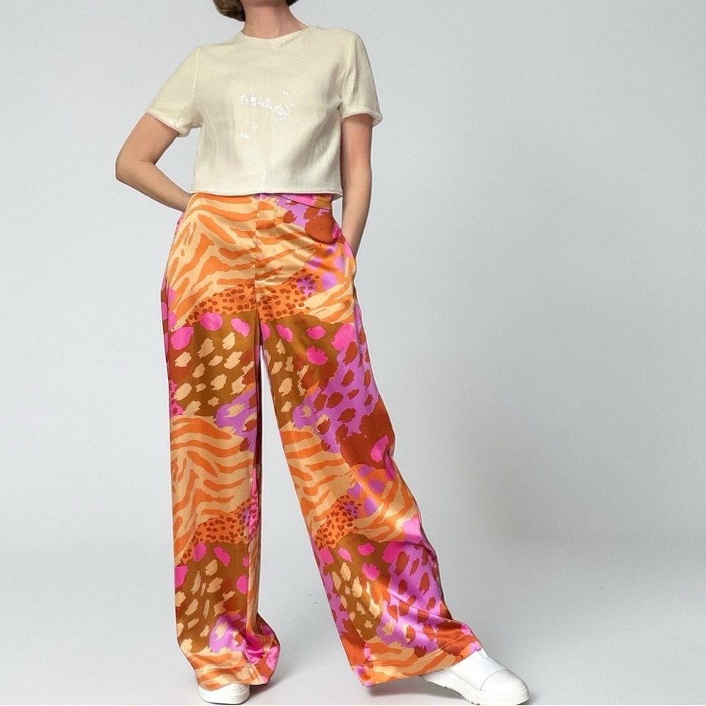 Christian Lacroix Orange and Pink Wide-Leg Statement Satin Pants M
